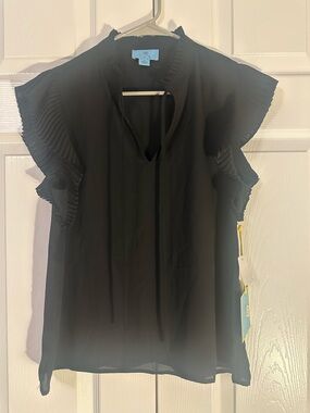 CeCe Black Pleated Flutter Sleeve Tie-Neck Blouse
